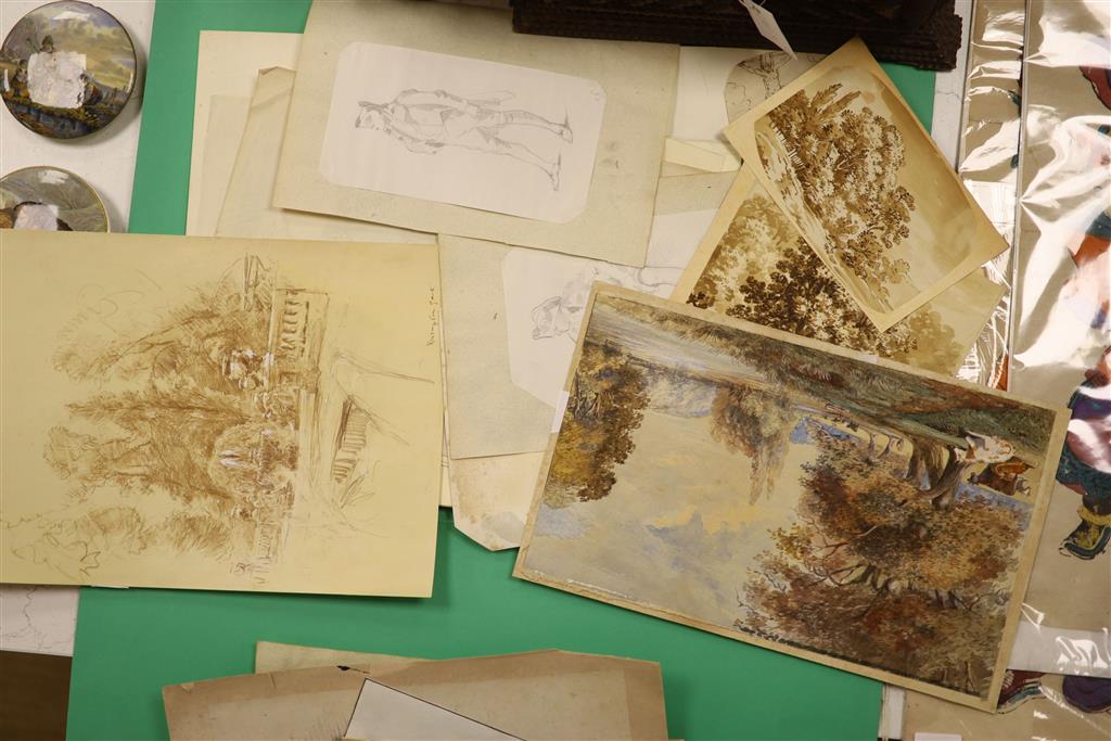 A folio of assorted watercolour sketches, drawings and prints, mostly 19th century